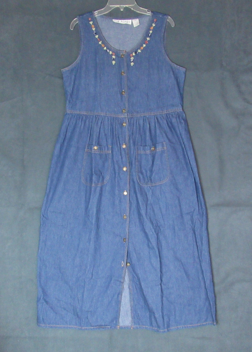 Jane Ashley Denim Jean Dress Large Blue Floral Embroidered 80s 90s Cottagecore